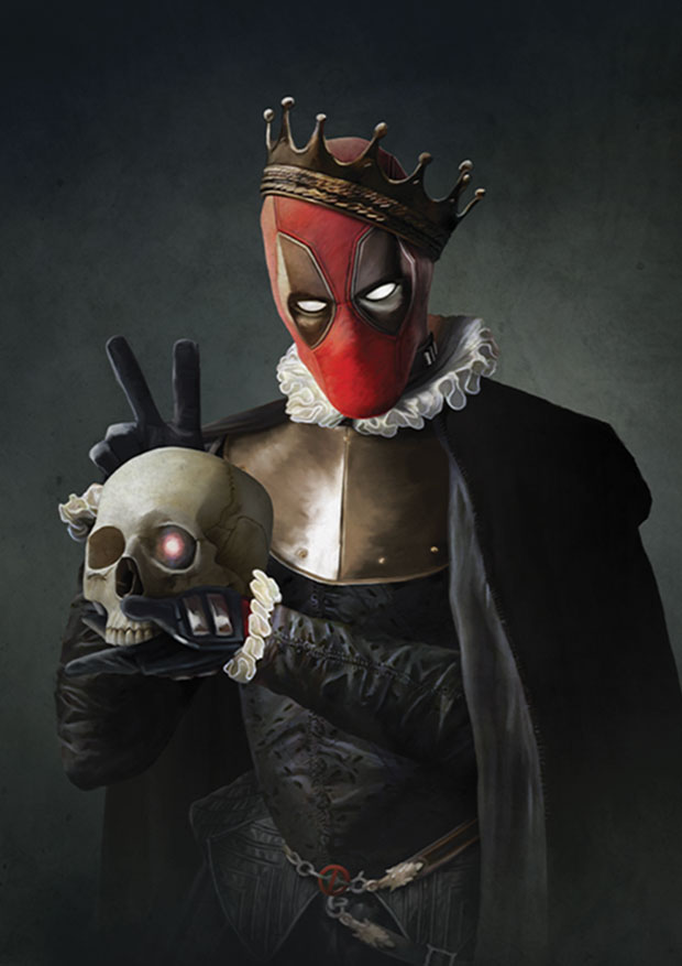 Young Rascal print of Ryan Reynolds’ Deadpool, complete with Cable’s skull, treads the boards as William Shakespeare’s Hamlet.