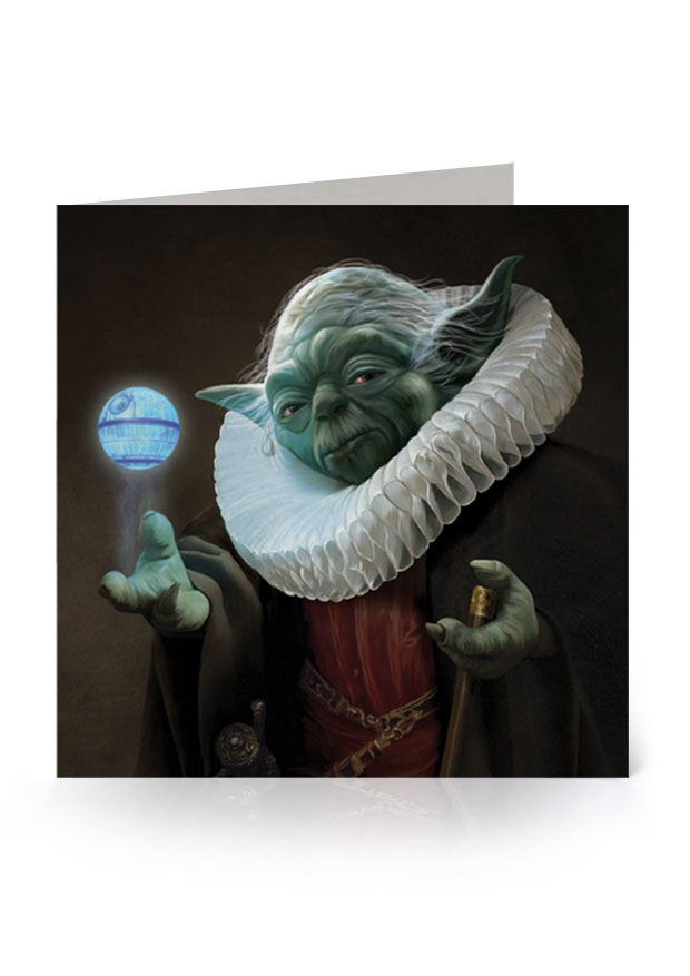 Young Rascal greetings card. ‘To do or not to do’. Yoda, the old master of the force, spins the Death Star above his hand.