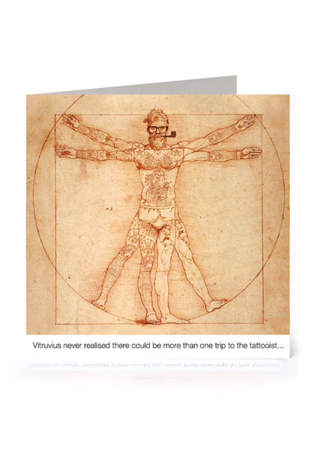 Young Rascal greetings card. ‘Vitruvian Hipster’. Da Vinci's Vitruvius in full tattooed splendour.